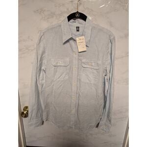 Nordstrom Medium Blue Twill Button Up Pockets Linen Blend long Sleeve top shirt